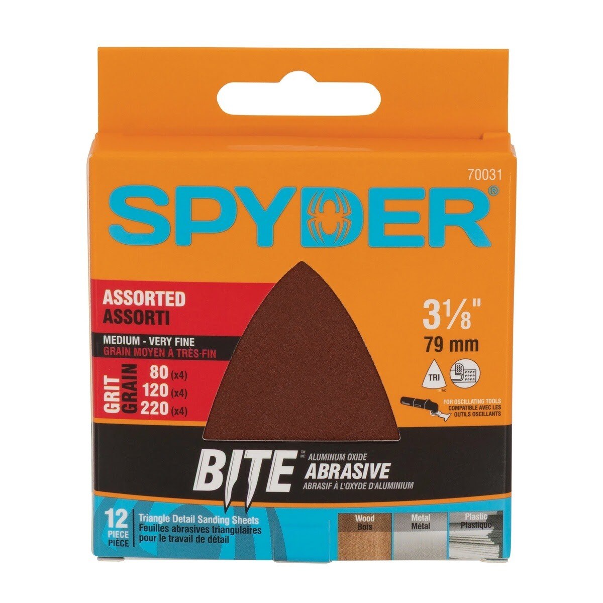 Spyder 70031 3-1/8" Aluminum Oxide Triangle Detail Sanding Sheets Assorted 80 120 220 Grit (12 Pack)