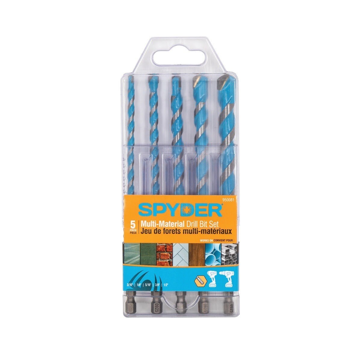 Spyder 950081 6" Impact Shank Carbide-Tipped Multi-Material Masonry Drill Bit Set (5 Piece)