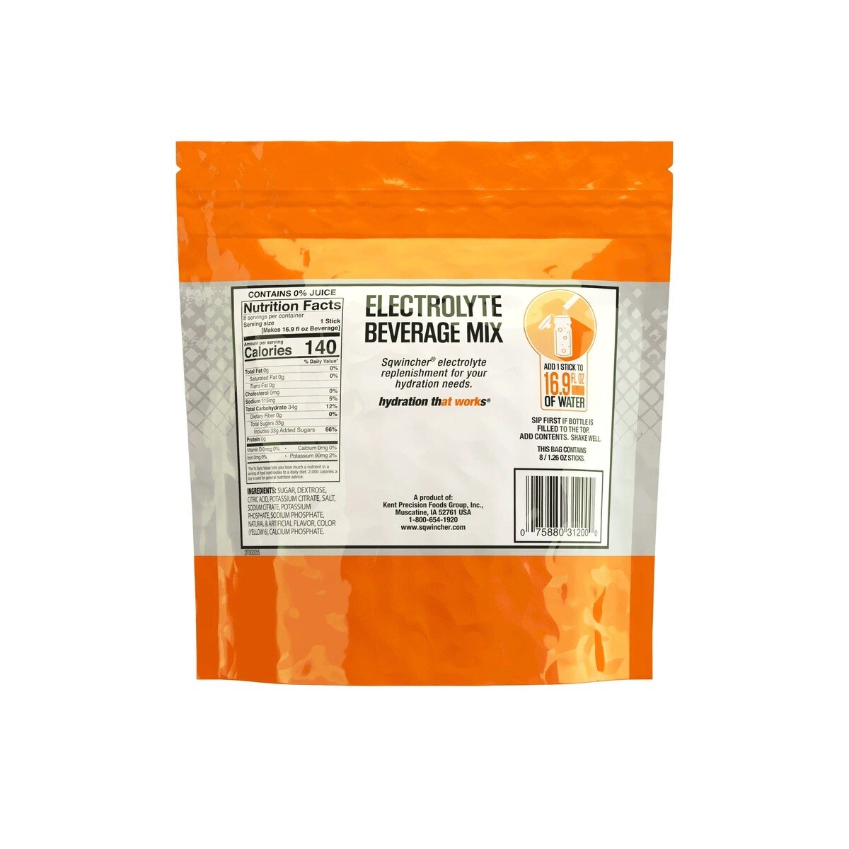 Sqwincher 159060900 QwikServ Orange Electrolyte Beverage Mix Powder 1.26 oz Yields 16.9 fl oz - 2