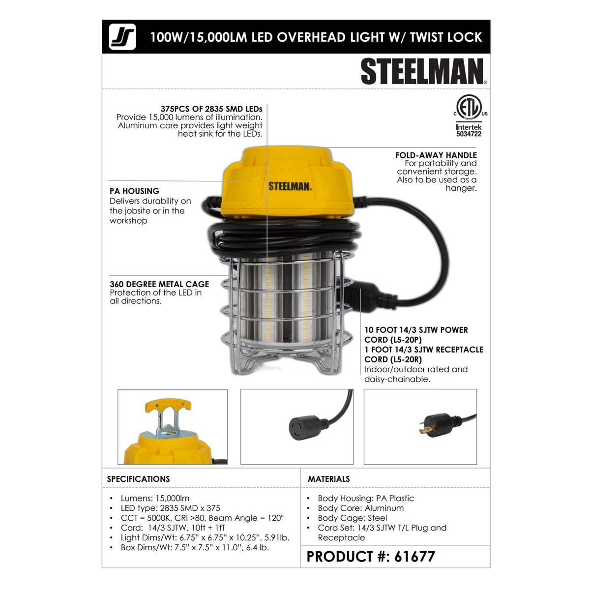 Steelman Pro 61677 100W LED Overhead Jobsite Light 15000 Lumens Twist Lock 6.75 x 10.25 - 5