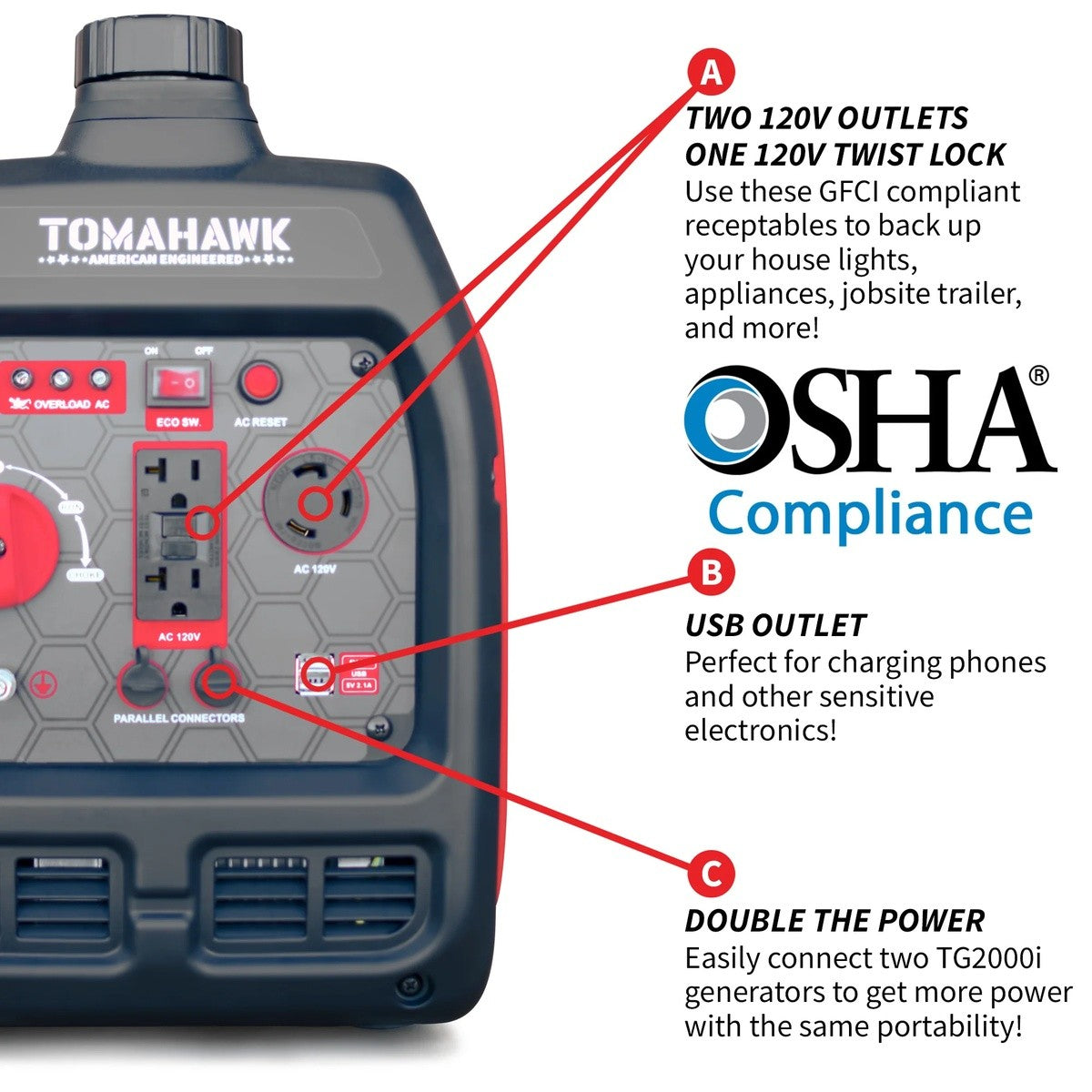 Tomahawk TGE3000I 3000 Watt Super Quiet Portable Inverter Generator 20" x 12" x 19" - 2