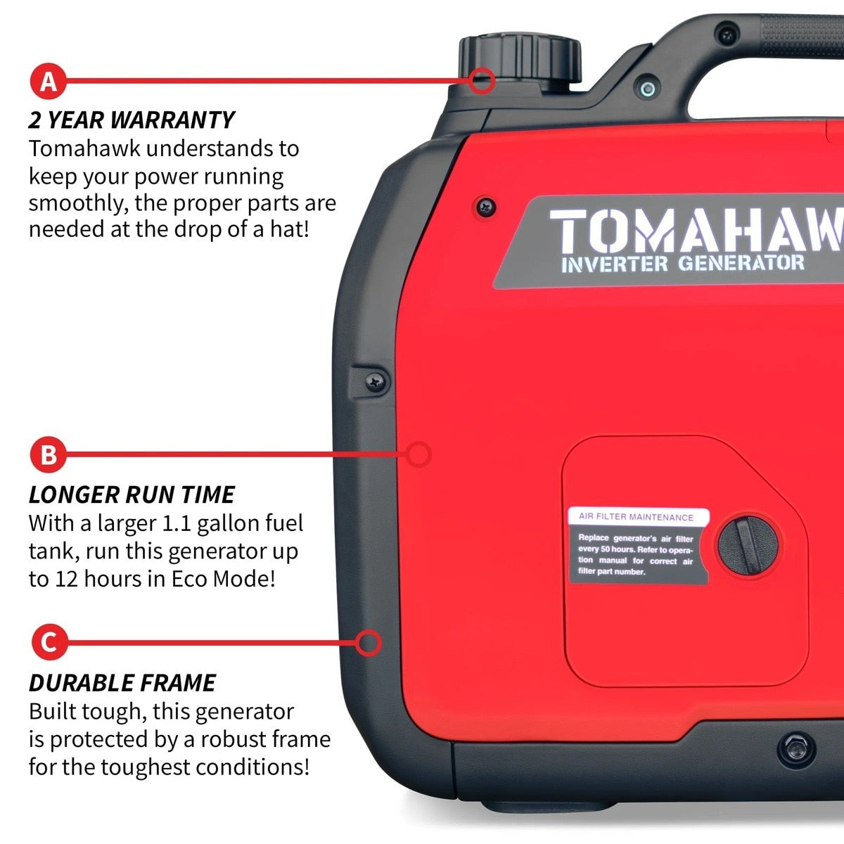 Tomahawk TGE3000I 3000 Watt Super Quiet Portable Inverter Generator 20" x 12" x 19" - 4