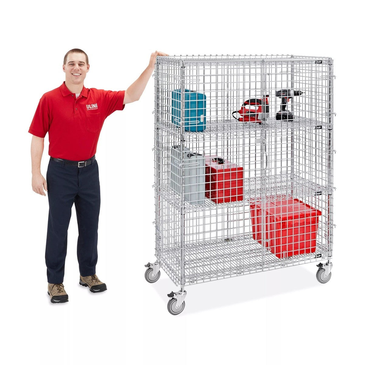 Uline H-2084 48 x 24 x 69" Locking Wire Security Cart with 3 Shelves - 5