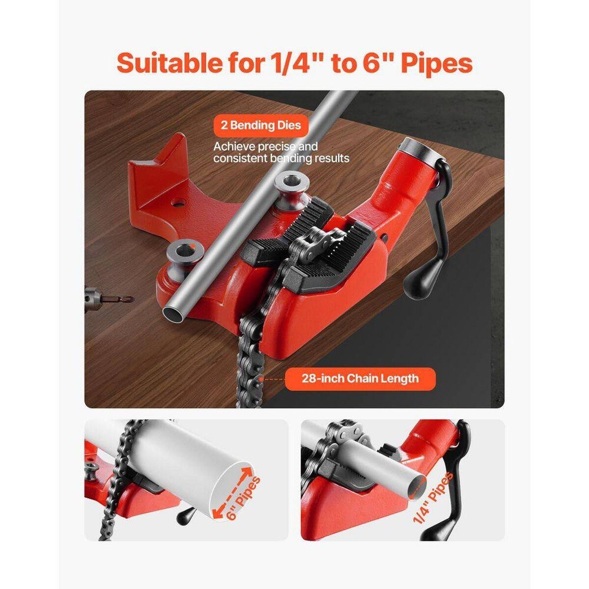 Vevor RG1204S6 Heavy Duty Pipe Chain Vise 1/4" to 6" Pipe Capacity 28" Chain - 2