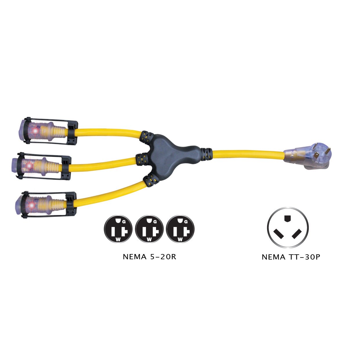 Voltec 04-00215 2' W Generator Adapter - TT-30P to (3x) 5-20R with E-Zee Lock