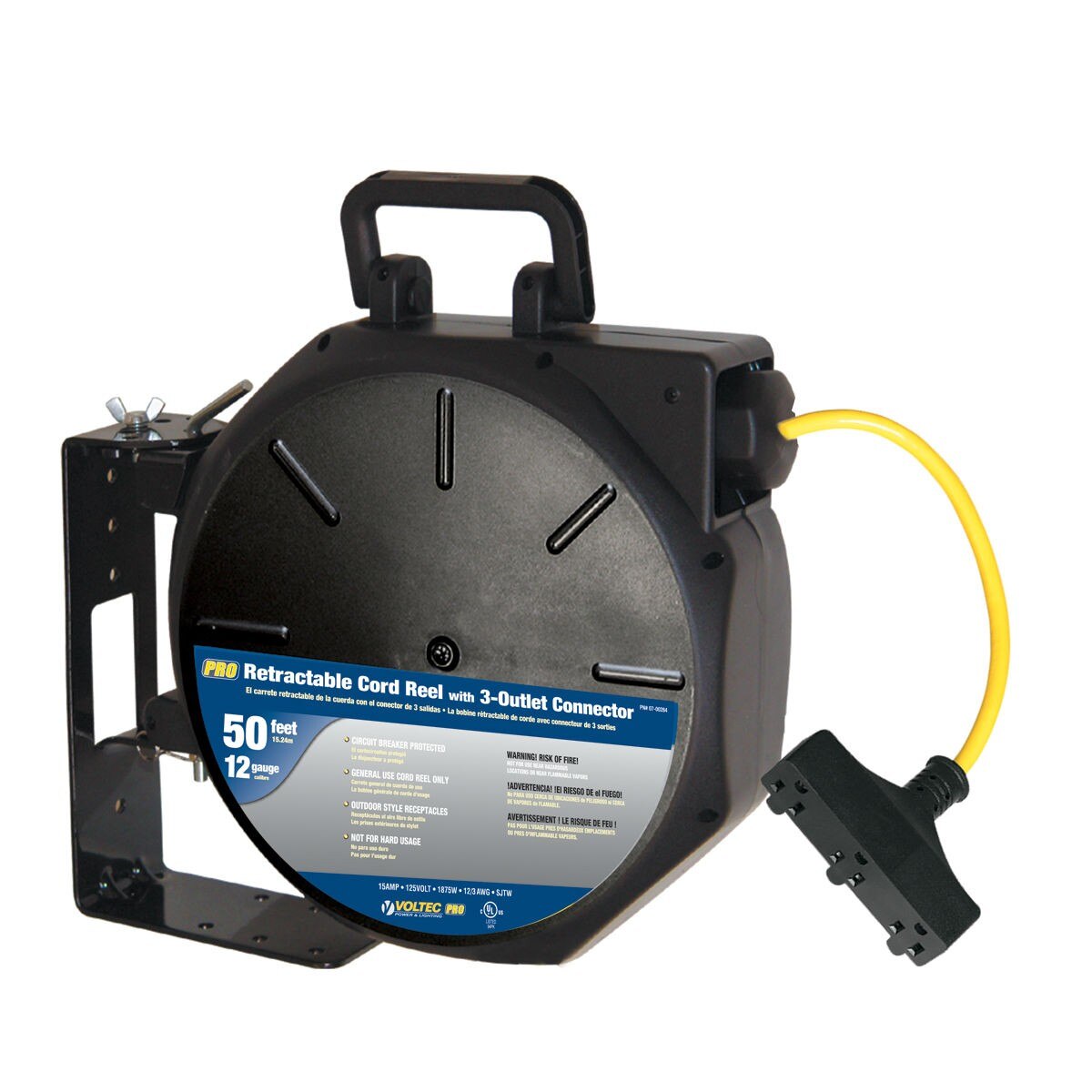 VOLTEC 07-00284 50ft 12/3 SJTW 3-Outlet Retractable Reel