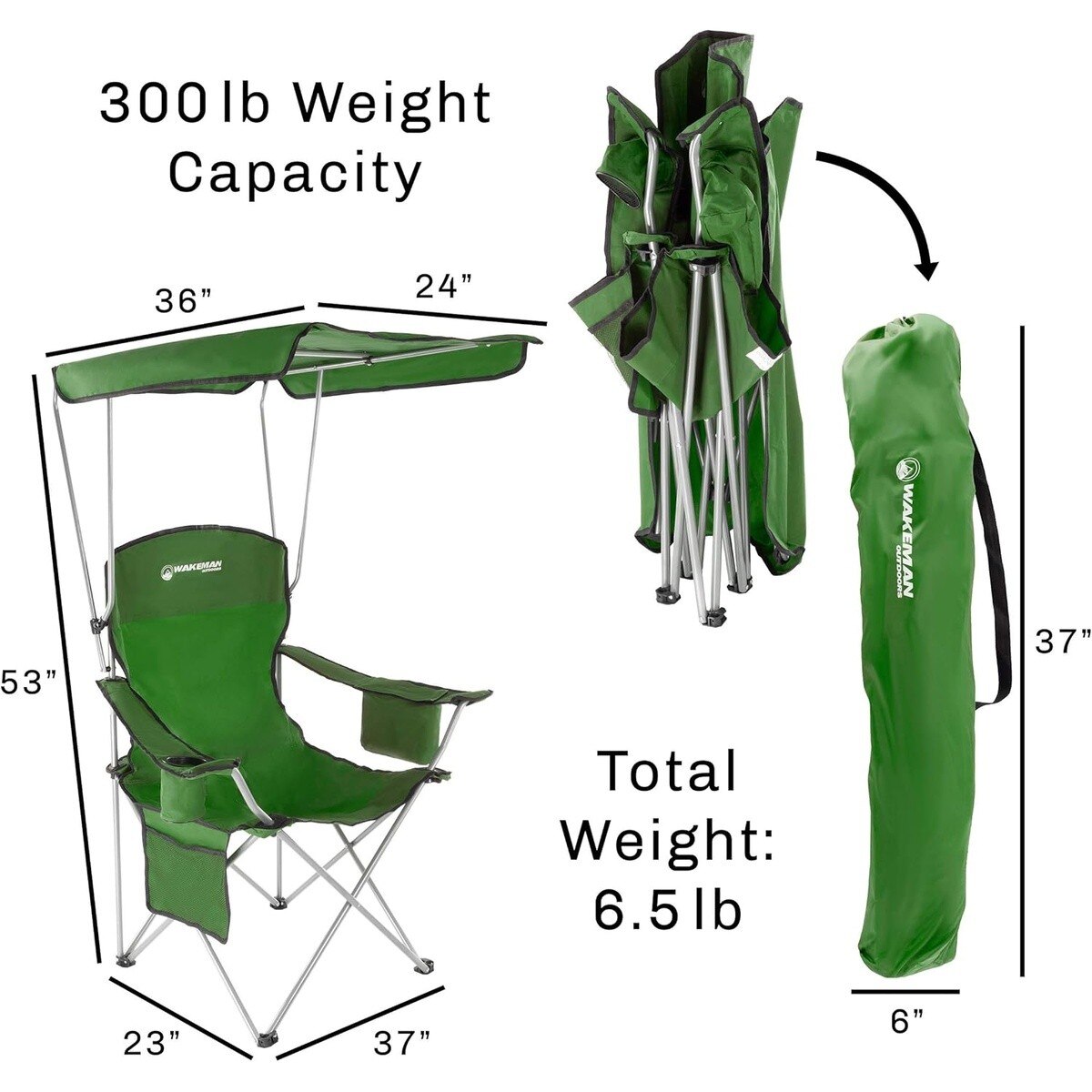 Wakeman 696593JEY Camping Chair with Canopy Shade 300 lb Capacity 37 x 23 x 53" Folded 6 x 37" - 3