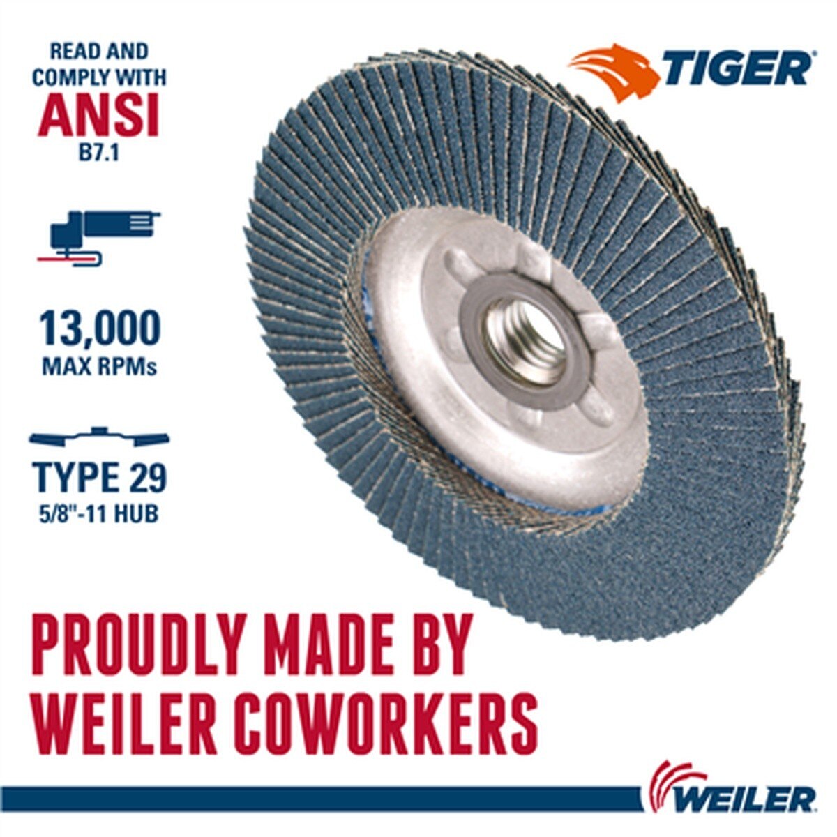 Weiler 50509 4-1-2 in Tiger Type 29 Angled Abrasive Flap Disc with Aluminum Backing 120 Grit 5-8 in-11 Arbor - 3