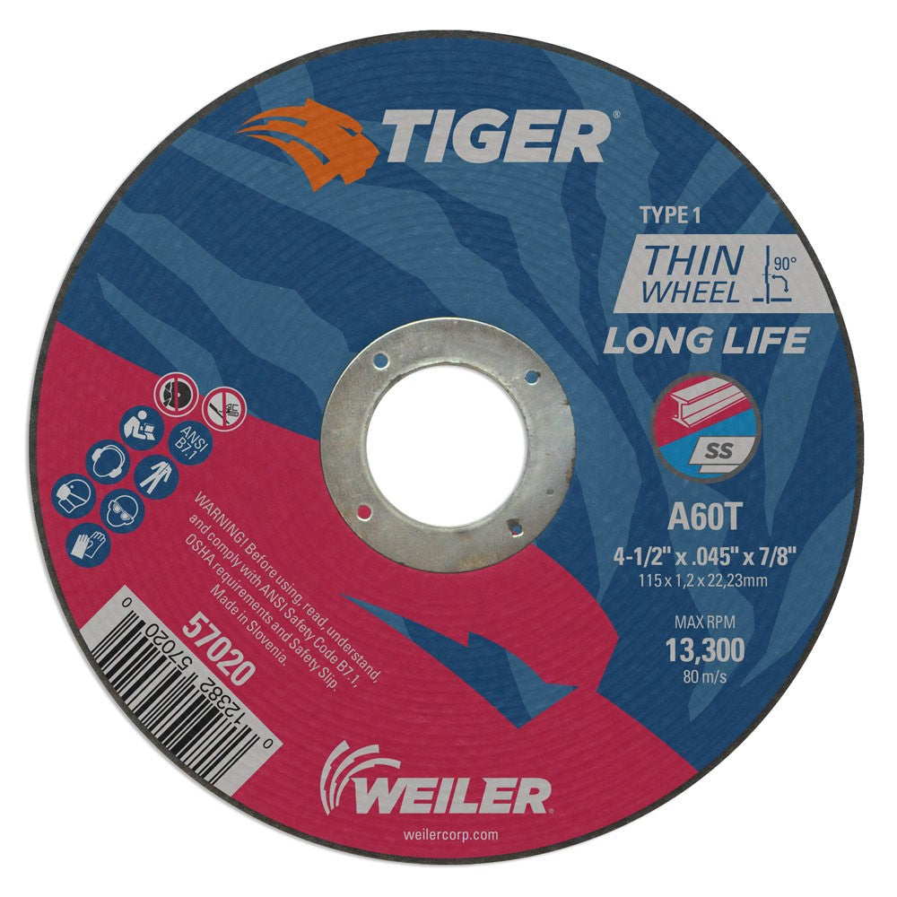 Weiler 57020 4-1/2" x .045" Tiger Type 1 Thin Cutting Wheel, A60T, 7/8" A.H.