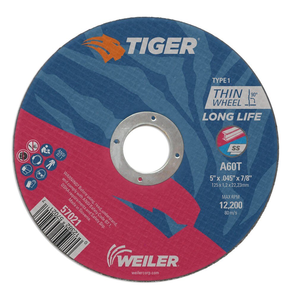 Weiler 57021 5" x .045" Tiger Type 1 Thin Cutting Wheel, A60T, 7/8" A.H.