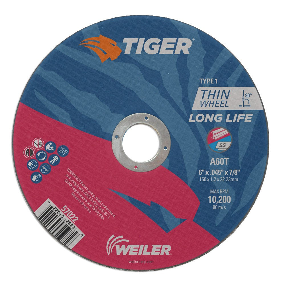 Weiler 57022 6" x .045" Tiger Type 1 Thin Cutting Wheel, A60T, 7/8" A.H.