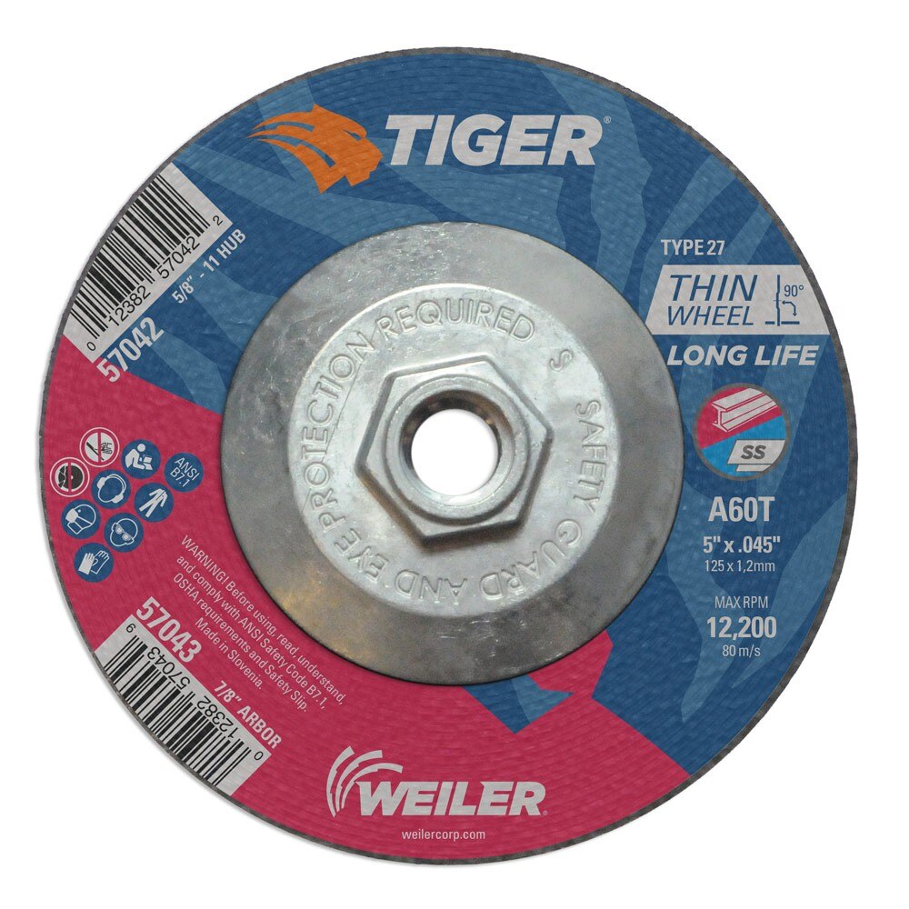 Weiler 57042 5" x .045" Tiger Type 27 Thin Cutting Wheel, A60T, 5/8"-11 UNC Nut