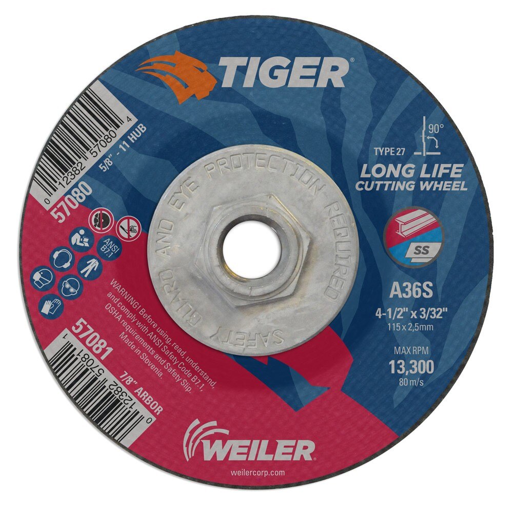 Weiler 57080 4-1/2" x 3/32" Tiger Type 27 Cutting Wheel, A60T, 5/8"-11 UNC Nut