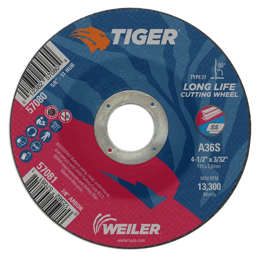 Weiler 57081 4-1/2" x 3/32" Tiger Type 27 Cutting Wheel, A60T, 7/8" A.H.