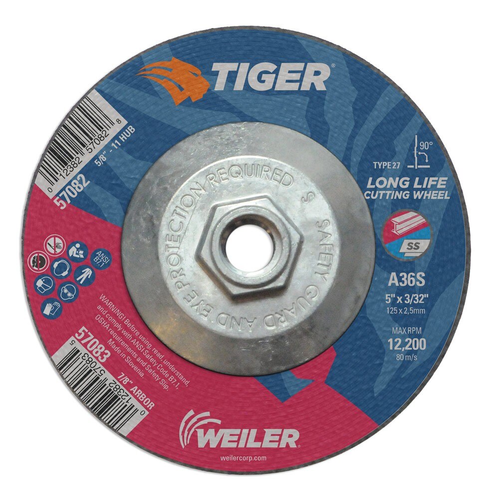 Weiler 57082 5" x 3/32" Tiger Type 27 Cutting Wheel, A60T, 5/8"-11 UNC Nut