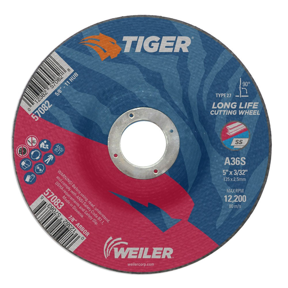 Weiler 57083 5" x 3/32" Tiger Type 27 Cutting Wheel, A60T, 7/8" A.H.
