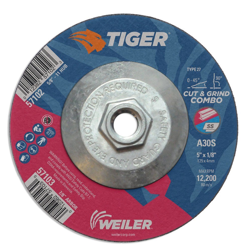 Weiler 57102 5" x 1/8" Tiger Type 27 Cut & Grind Combo Wheel, A30S, 5/8"-11 UNC Nut