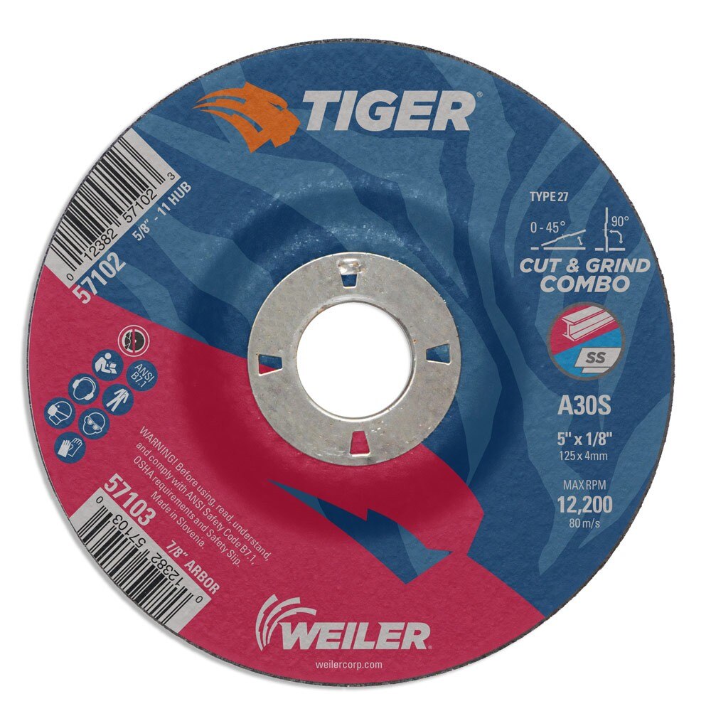 Weiler 57103 5" x 1/8" Tiger Type 27 Cut & Grind Combo Wheel, A30S, 7/8" A.H.
