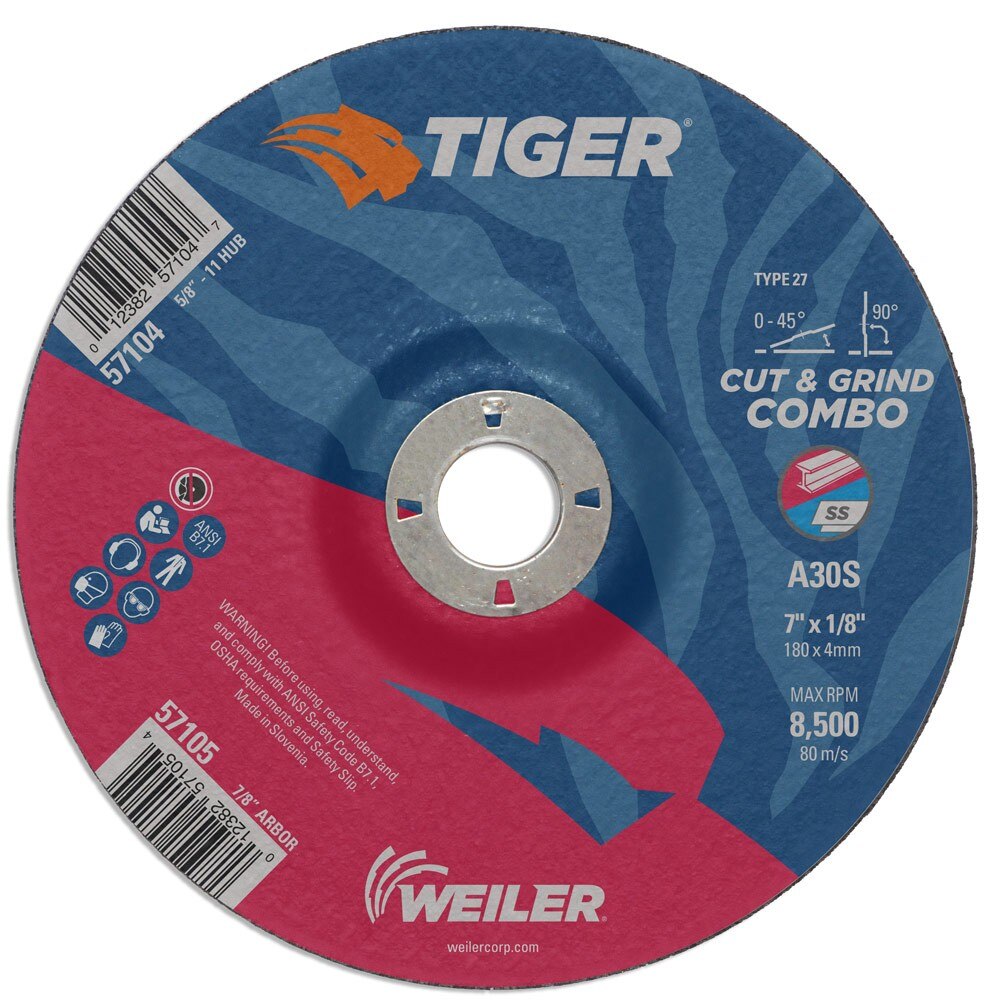 Weiler 57105 7" x 1/8" Tiger Type 27 Cut & Grind Combo Wheel, A30S, 7/8" A.H.