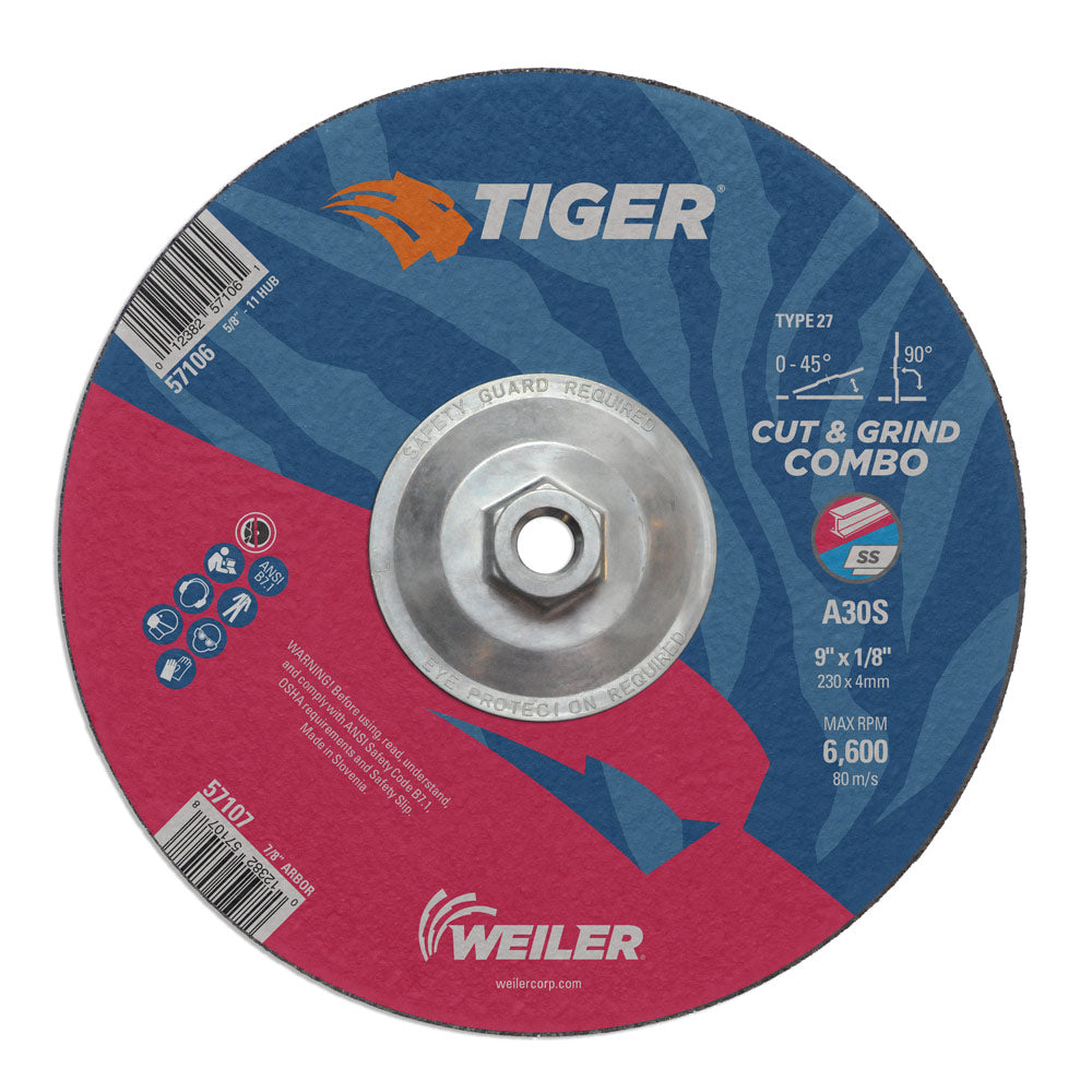 Weiler 57106 9" x 1/8" Tiger Type 27 Cut & Grind Combo Wheel, A30S, 5/8"-11 UNC Nut