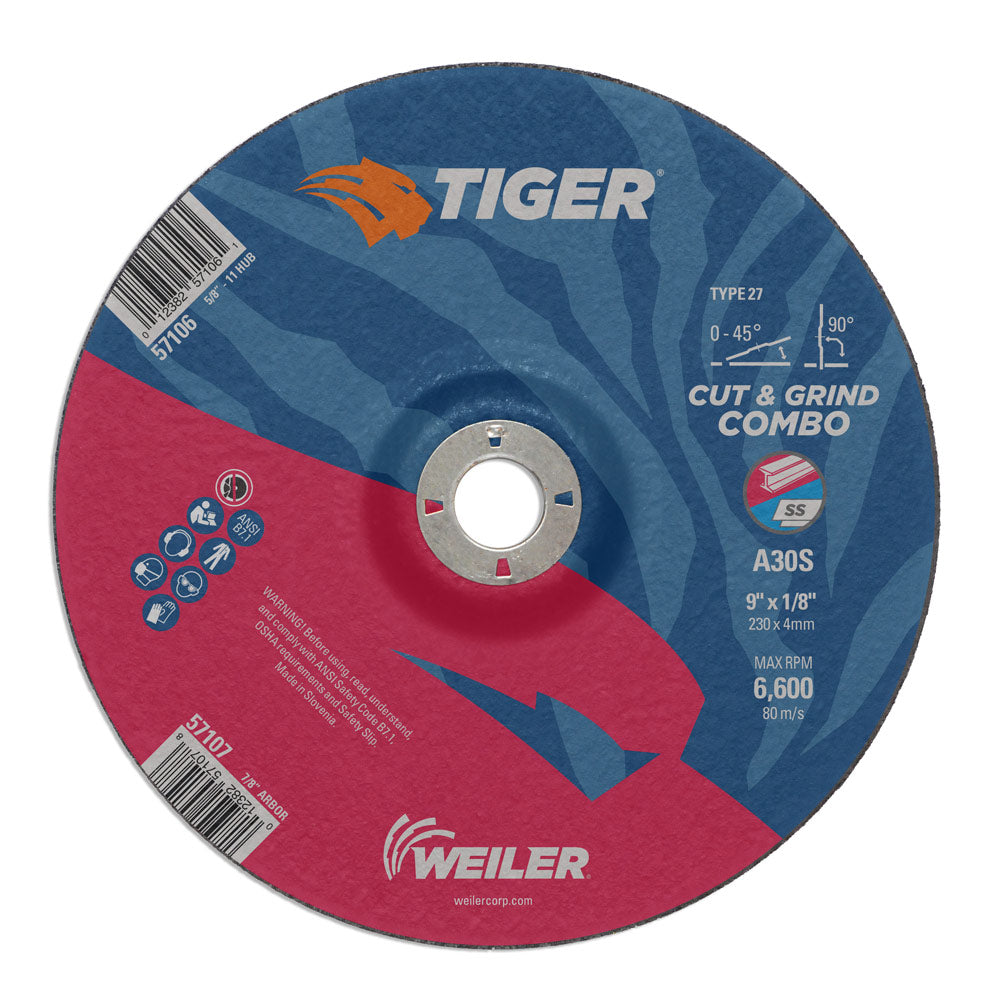 Weiler 57107 9" x 1/8" Tiger Type 27 Cut & Grind Combo Wheel, A30S, 7/8" A.H.