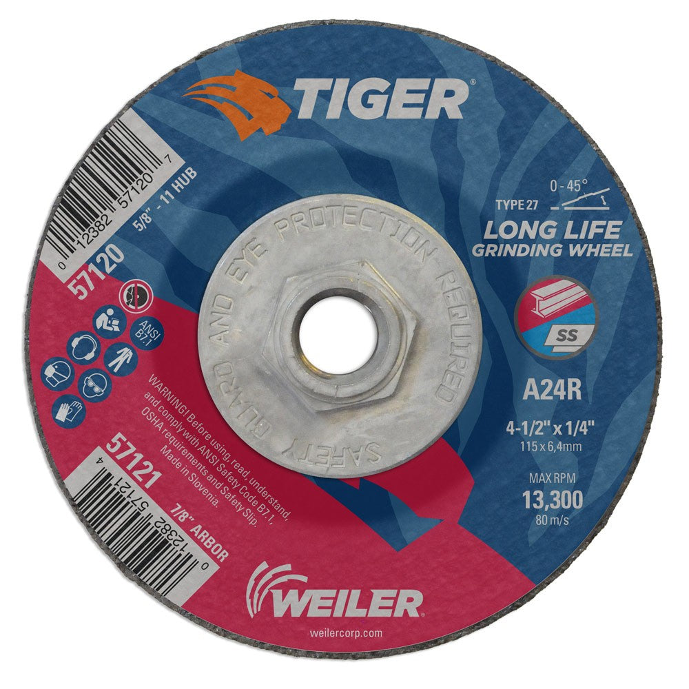 Weiler 57120 4-1/2" x 1/4" Tiger Type 27 Grinding Wheel, A24R, 5/8"-11 UNC Nut