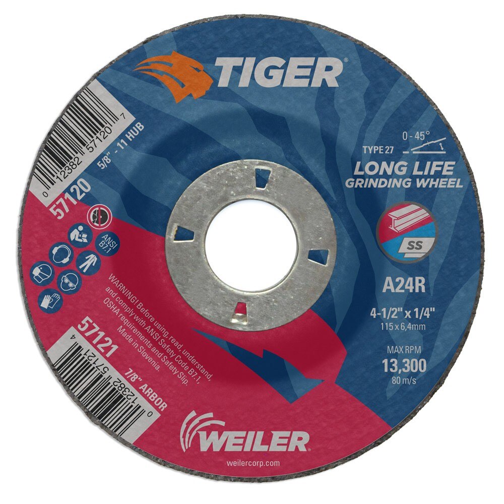Weiler 57121 4-1/2" x 1/4" Tiger Type 27 Grinding Wheel, A24R, 7/8" A.H.