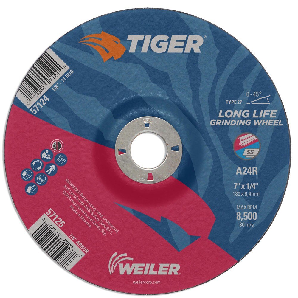 Weiler 57125 7" x 1/4" Tiger Type 27 Grinding Wheel, A24R, 7/8" A.H.