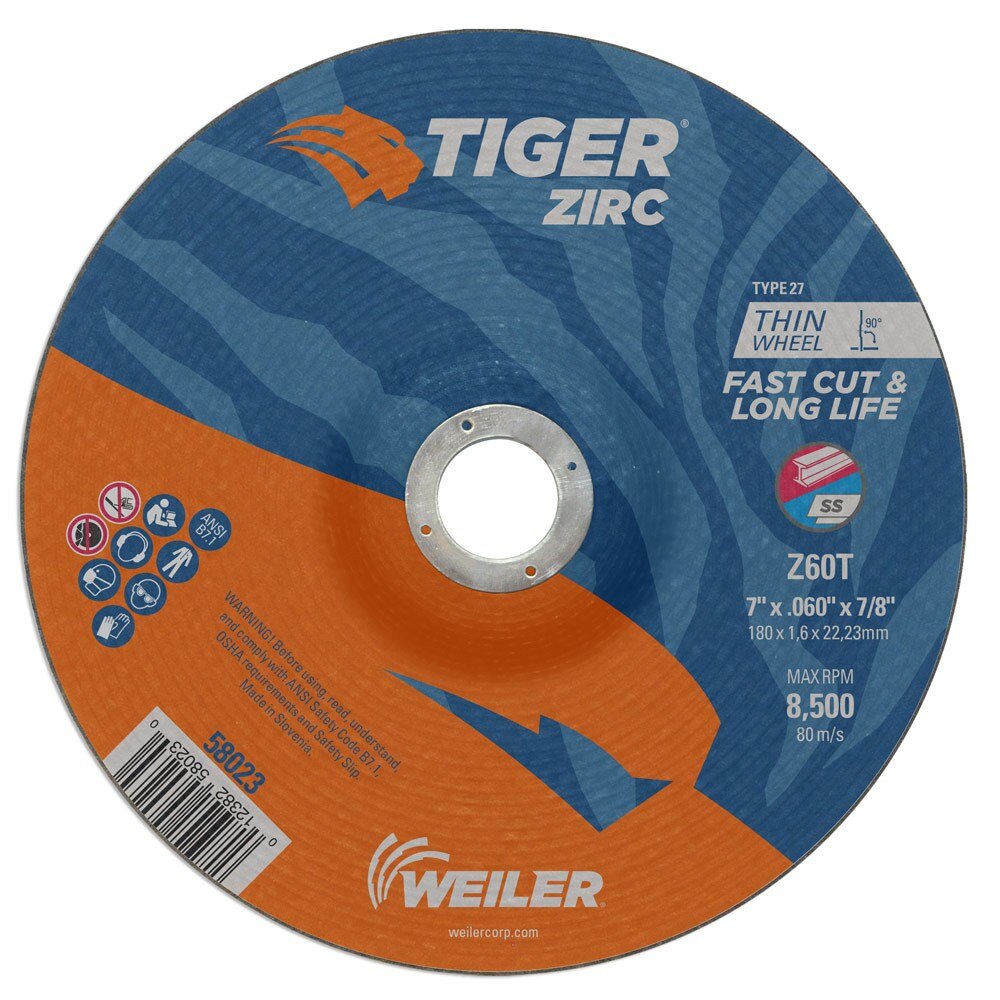 Weiler 58023 7" x .060" Tiger Zirc Type 27 Thin Cutting Wheel, Z60T, 7/8" A.H.