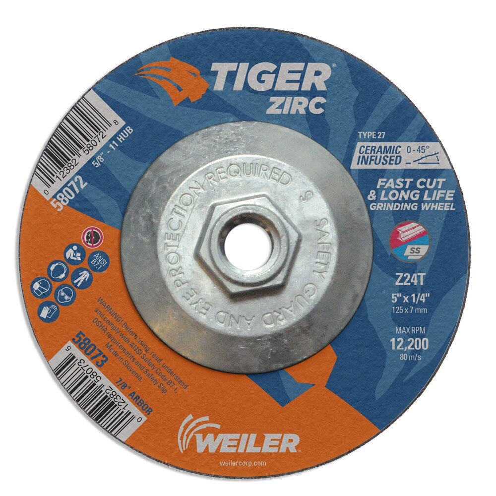 Weiler 58072 5" x 1/4" Tiger Zirc Type 27 Grinding Wheel, Z24T, 5/8"-11 UNC Nut