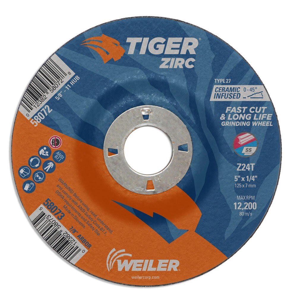 Weiler 58073 5" x 1/4" Tiger Zirc Type 27 Grinding Wheel, Z24T, 7/8" A.H.