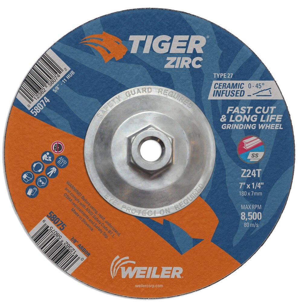 Weiler 58074 7" x 1/4" Tiger Zirc Type 27 Grinding Wheel, Z24T, 5/8"-11 UNC Nut