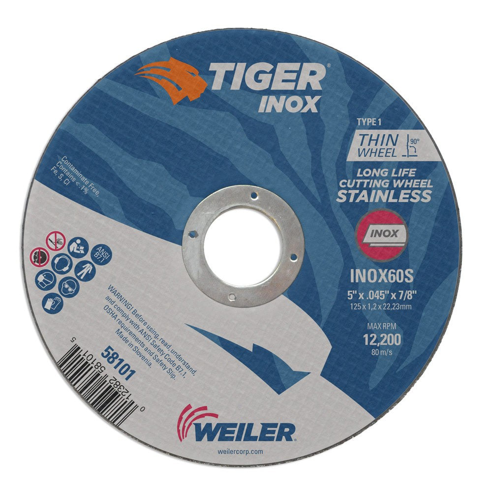 Weiler 58101 5" x .045" Tiger INOX Type 1 Thin Cutting Wheel, INOX60S, 7/8" A.H.
