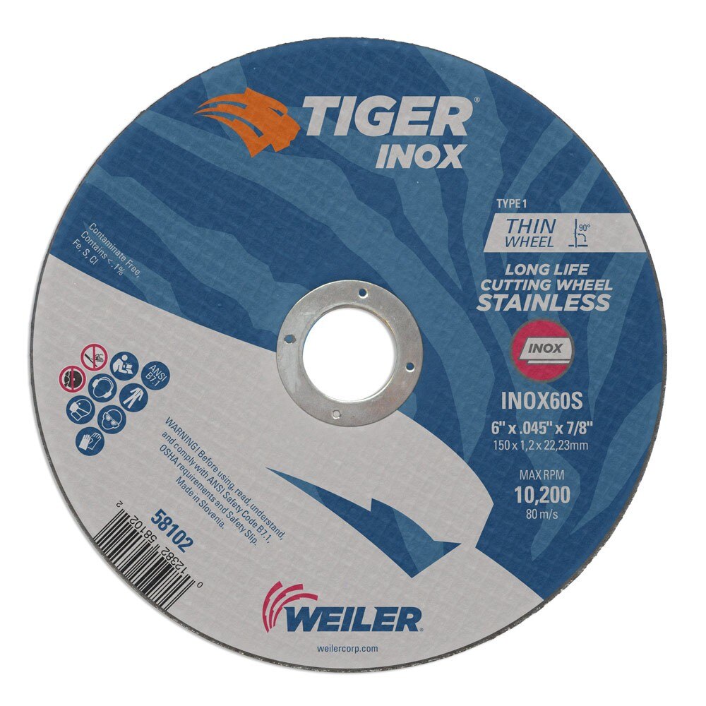 Weiler 58102 6" x .045" Tiger INOX Type 1 Thin Cutting Wheel, INOX60S, 7/8" A.H.