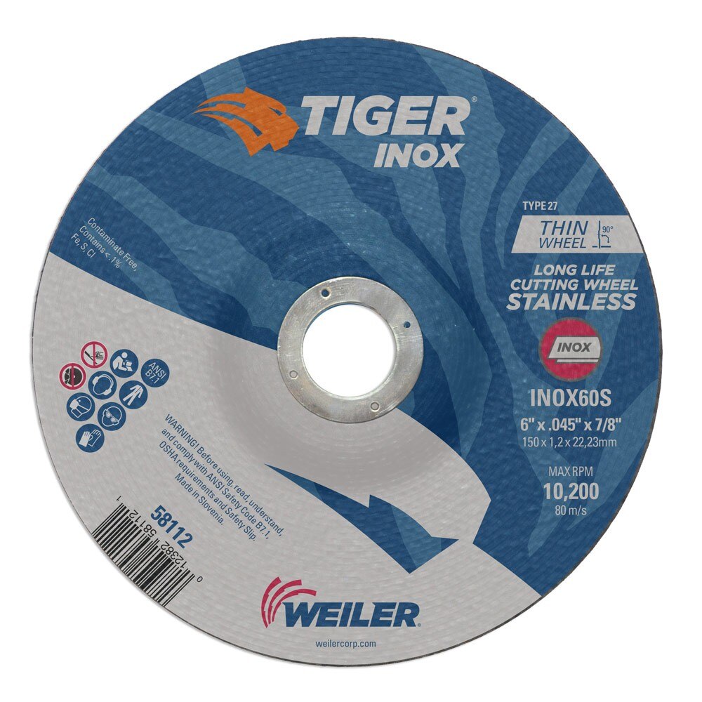 Weiler 58112 6" x .045" Tiger INOX Type 27 Thin Cutting Wheel, INOX60S, 7/8" A.H.