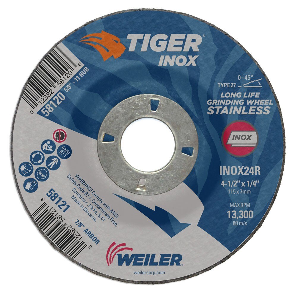 Weiler 58121 4-1/2" x 1/4" Tiger INOX Type 27 Grinding Wheel, INOX24R, 7/8" A.H.