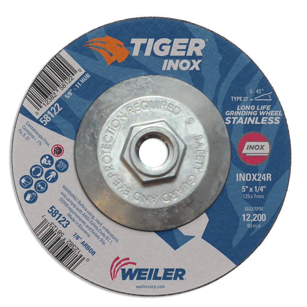 Weiler 58122 5" x 1/4" Tiger INOX Type 27 Grinding Wheel, INOX24R, 5/8"-11 UNC Nut