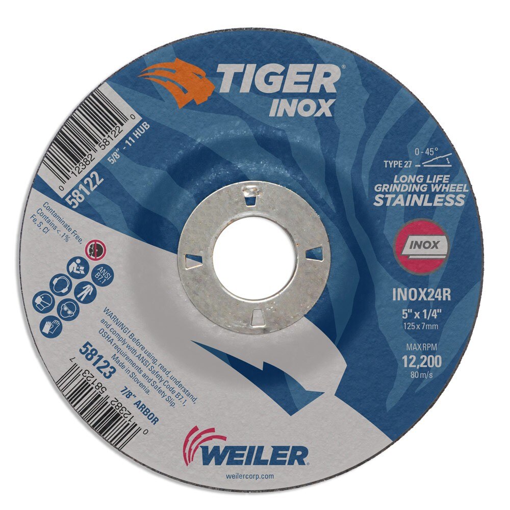 Weiler 58123 5" x 1/4" Tiger INOX Type 27 Grinding Wheel, INOX24R, 7/8" A.H.