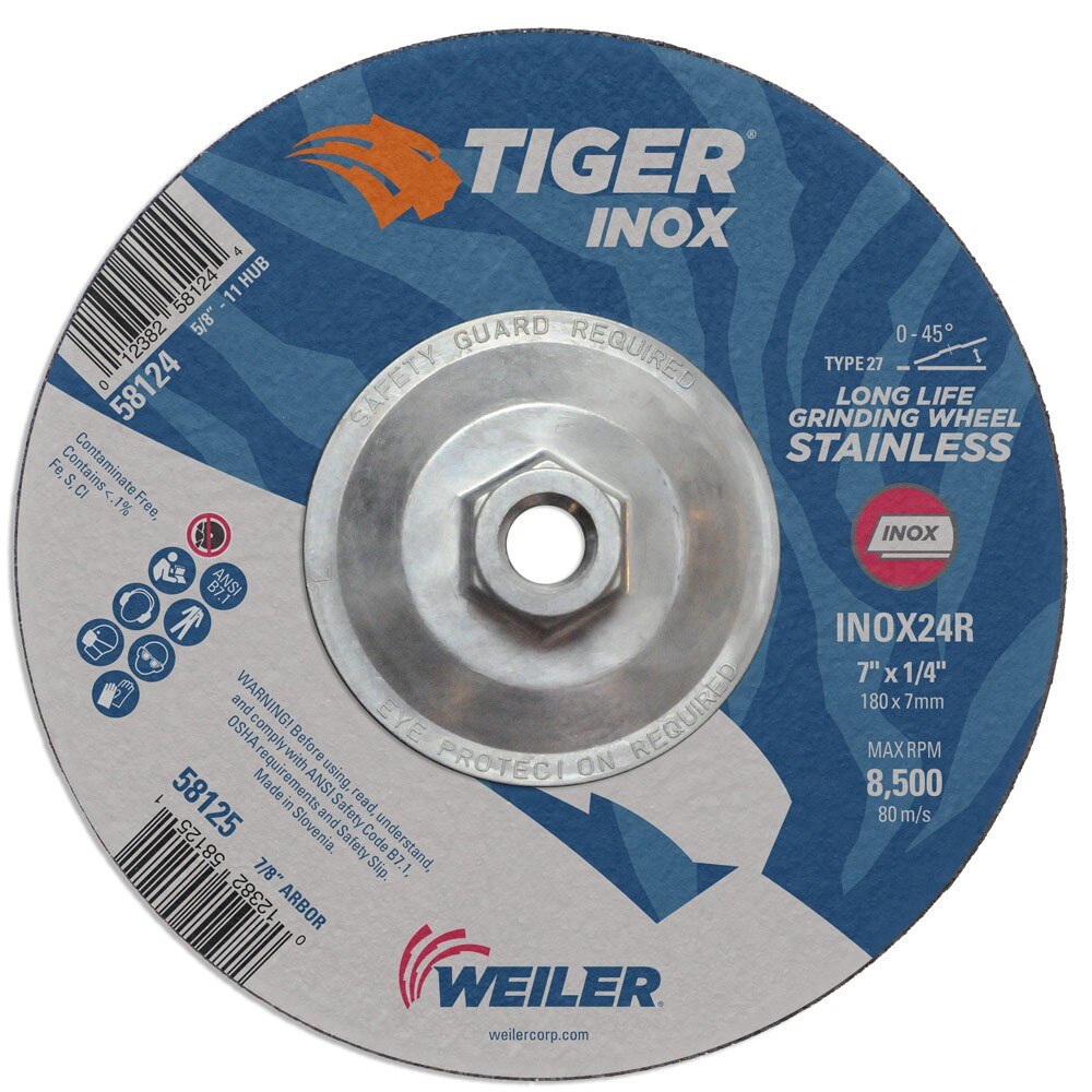 Weiler 58124 7" x 1/4" Tiger INOX Type 27 Grinding Wheel, INOX24R, 5/8"-11 UNC Nut