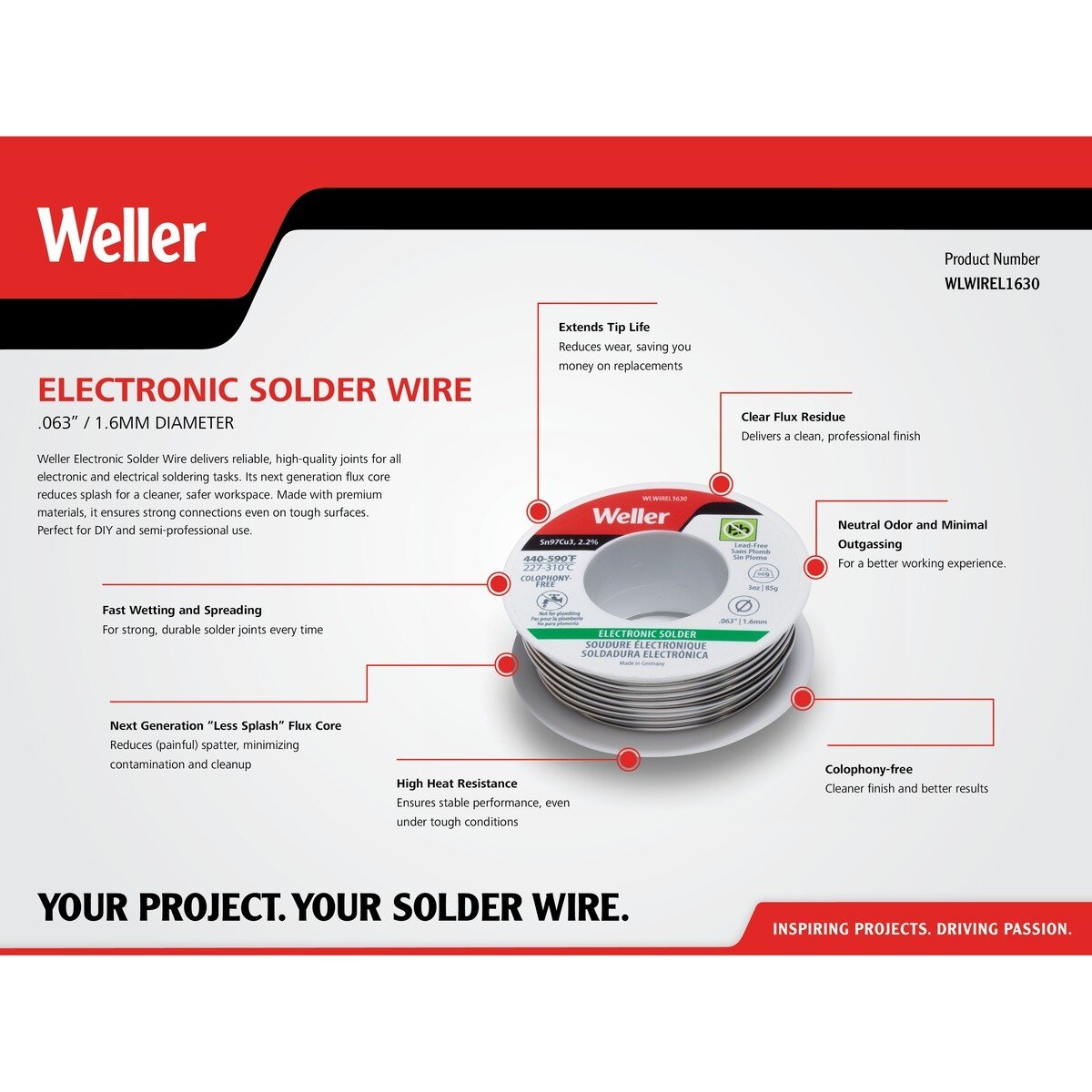 Weller WLWIREL1630 1.6 mm Sn97Cu3 Electronic Solder Wire with 2.2 Percent Flux 85 g 3 oz - 3