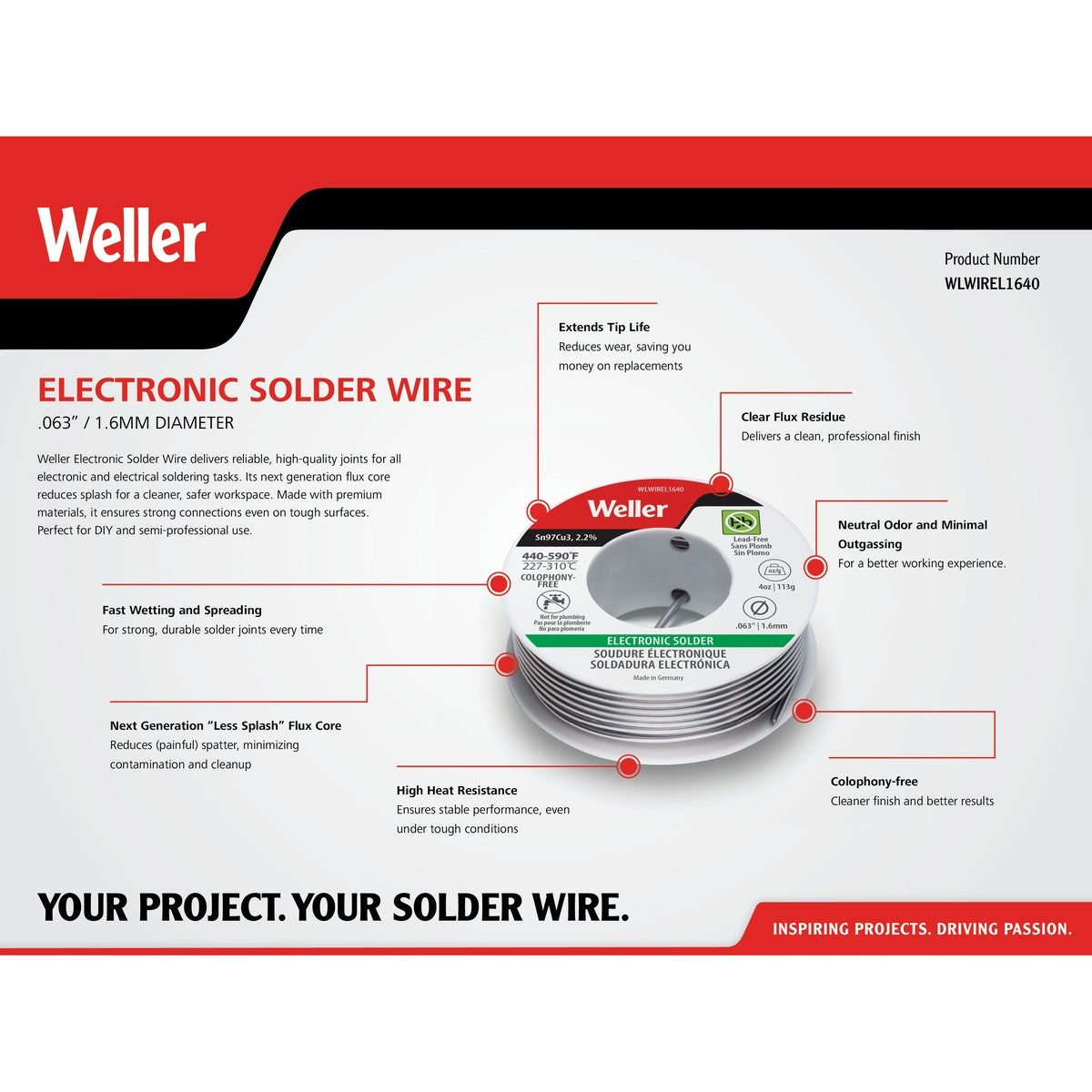 Weller WLWIREL1640 1.6 mm 4 oz Electronic Solder Wire Sn97Cu3 with 2.2 Percent Flux - 2