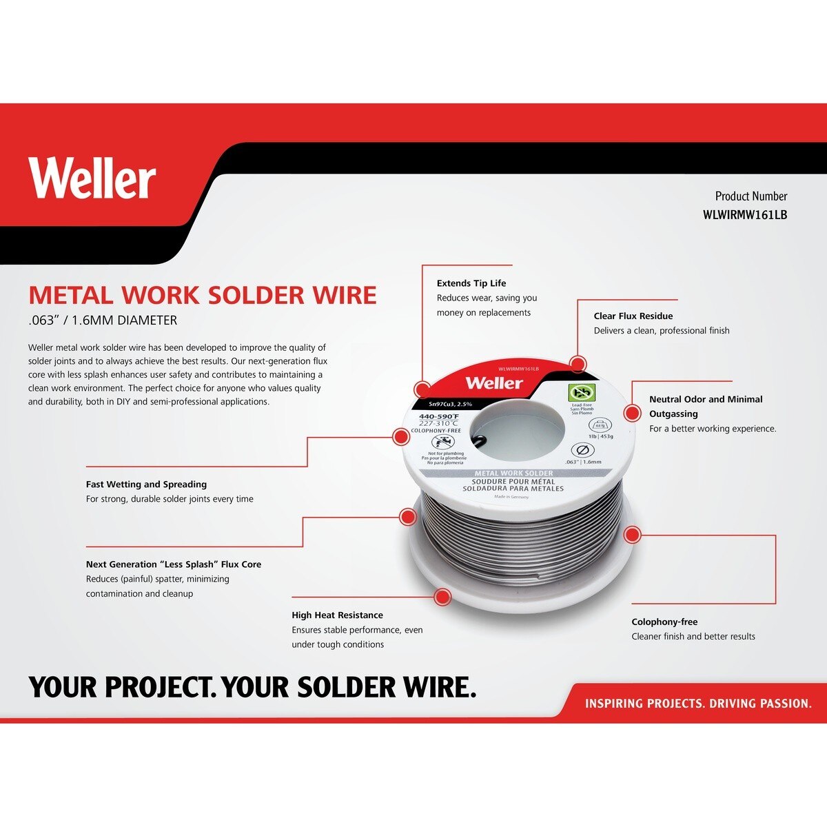 Weller WLWIRMW161LB 1.6 mm Lead Free Solder Wire Sn97Cu3 2.5 Percent Flux 1 lb - 3