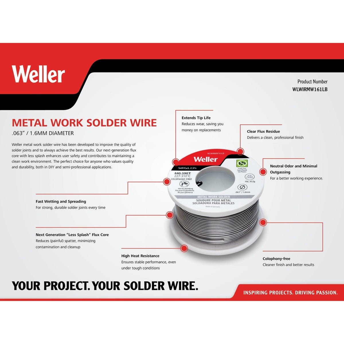 Weller WLWIRMW161LB 1.6 mm Lead Free Solder Wire Sn97Cu3 2.5 Percent Flux 1 lb - 3