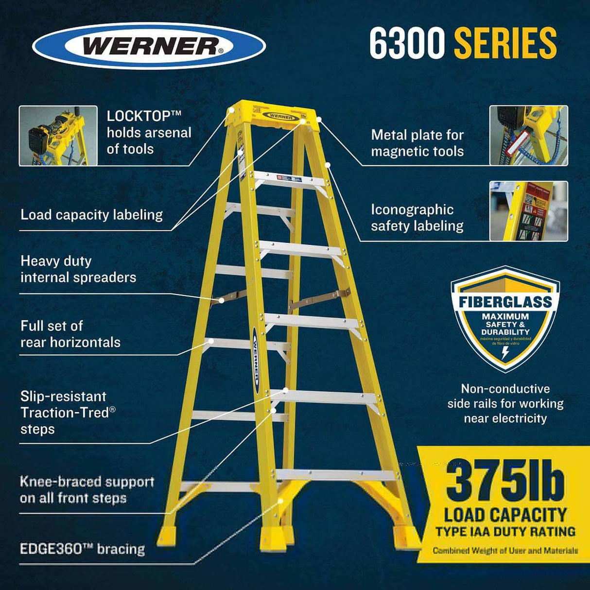 Werner 6306 6ft Type IAA Fiberglass Stepladder - 2