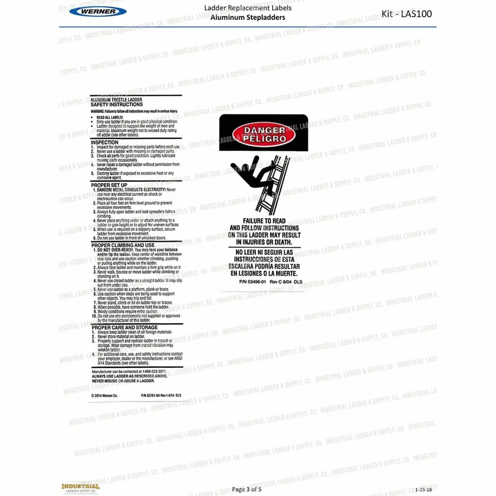 Werner LAS100 Aluminum Stepladder/Platform Ladder Safety Labels Kit (15 Labels) - 3