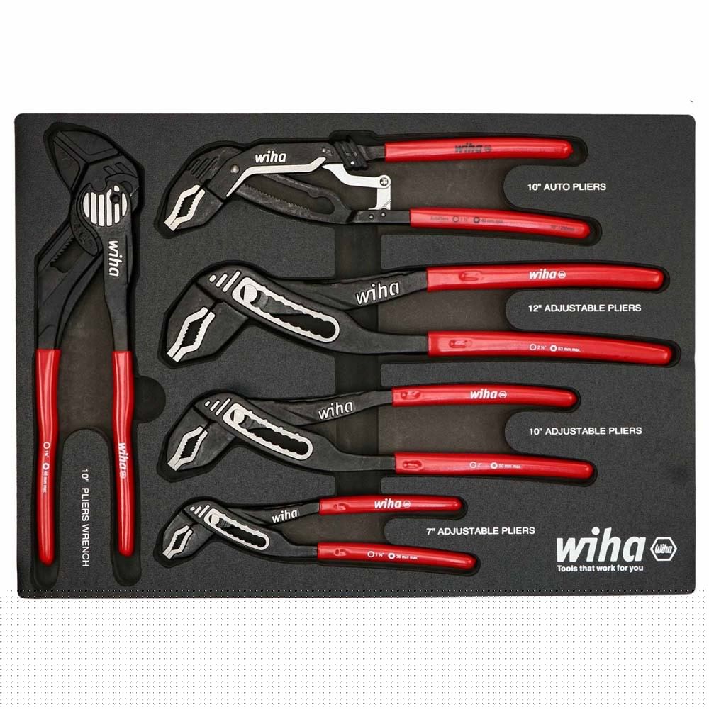 Wiha 34691 5 Piece Classic Grip V-Jaw Tongue and Groove Pliers Tray Set