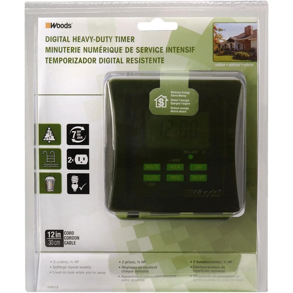 Woods 50015 50015WD Outdoor 7-Day Heavy Duty Digital Plug-in Timer, 2 Grounded Outlets, Weather - 2