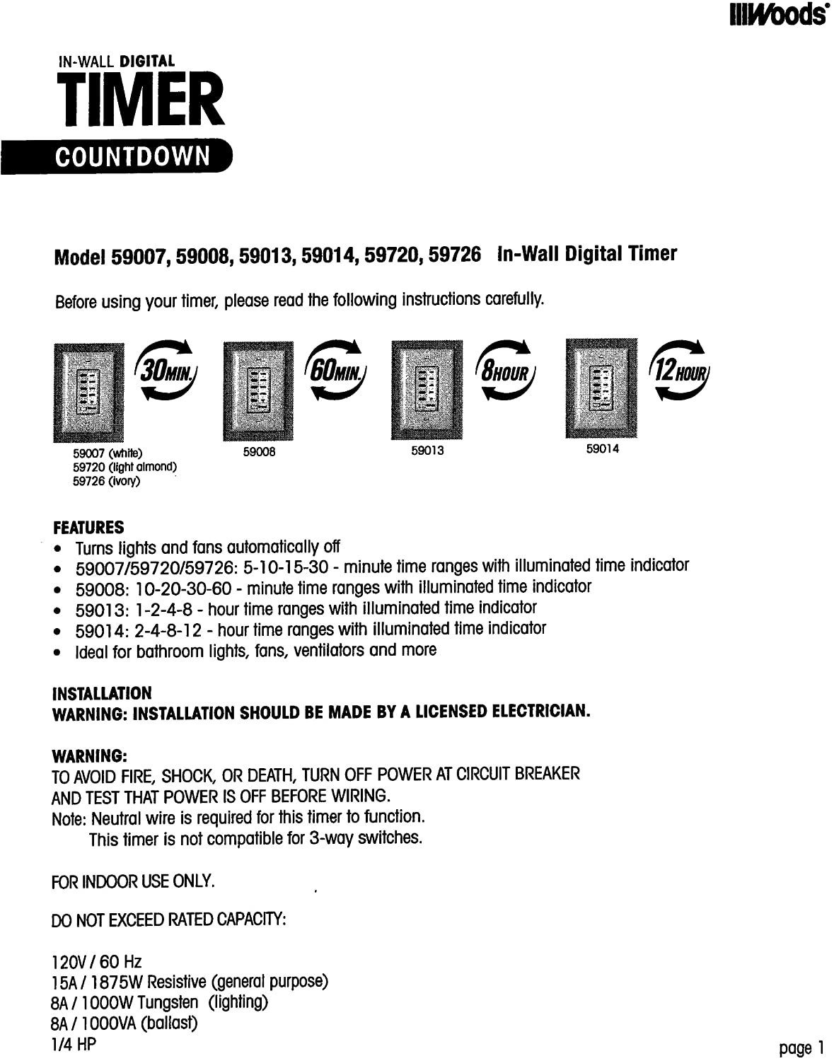 Woods 59008 In-Wall 60-Minute Digital Countdown Timer, White - 7