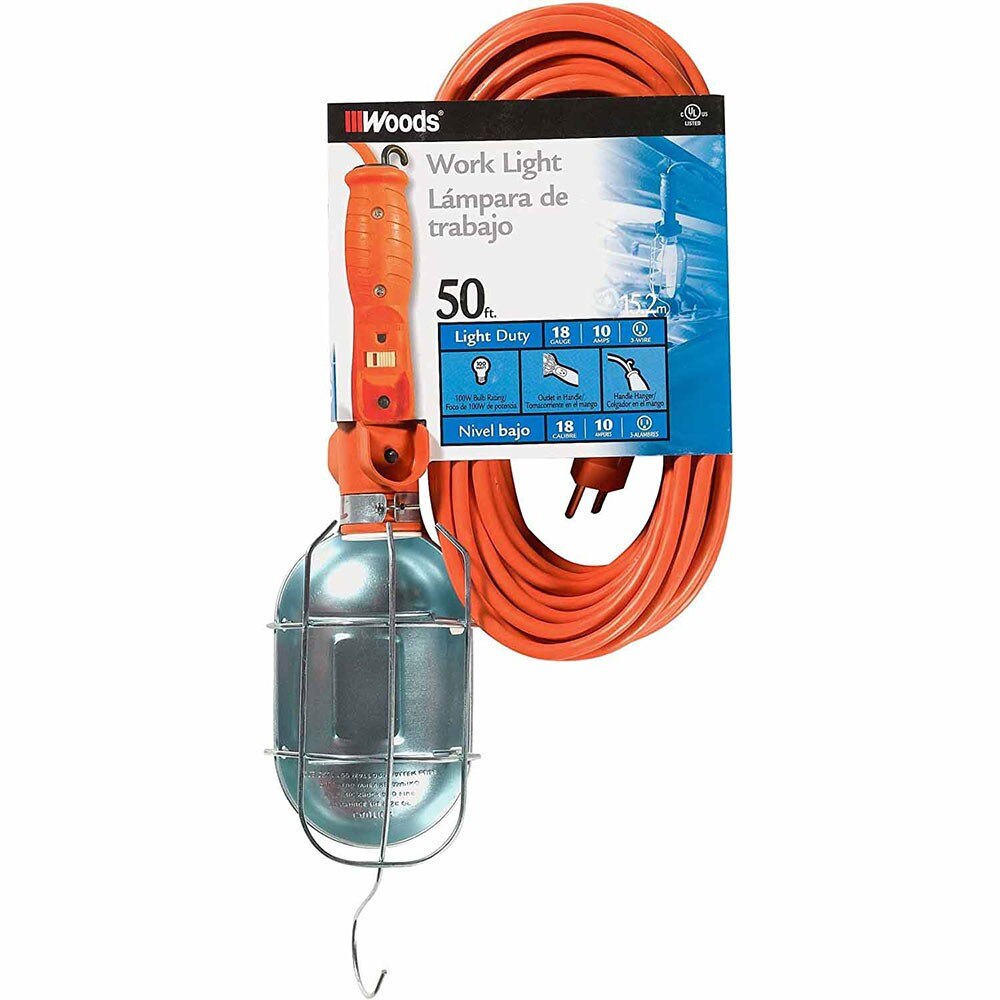 Woods 0682 Medium Duty Trouble Light, 18/3, 50' SJTW, Metal Guard, w/ Outlet