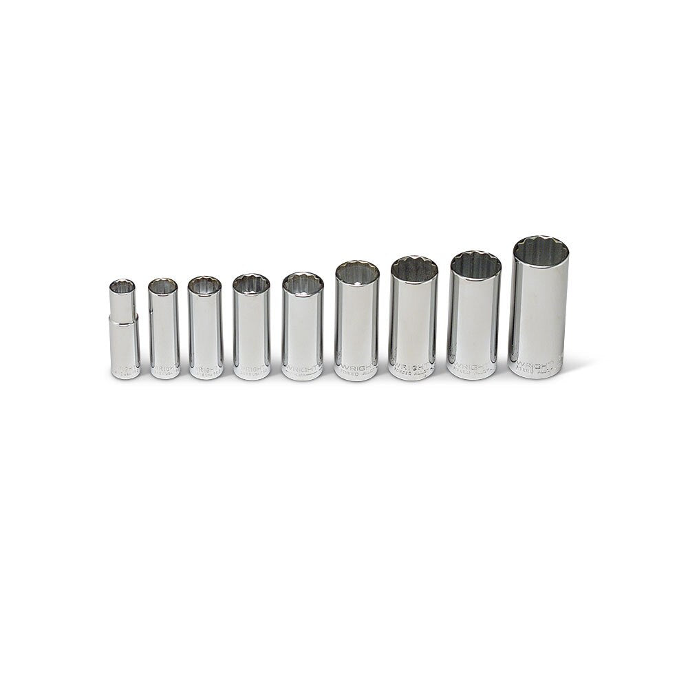 Wright Tool 300 3/8" Drive, 9 Piece 12 Point Deep Sockets Set, 3/8" - 7/8"